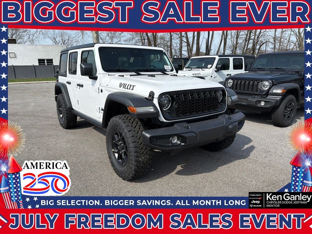 2026 Jeep Wrangler WRANGLER 4-DOOR WILLYS in Bright White Clear-Coat Exterior Paint — front three-quarter view