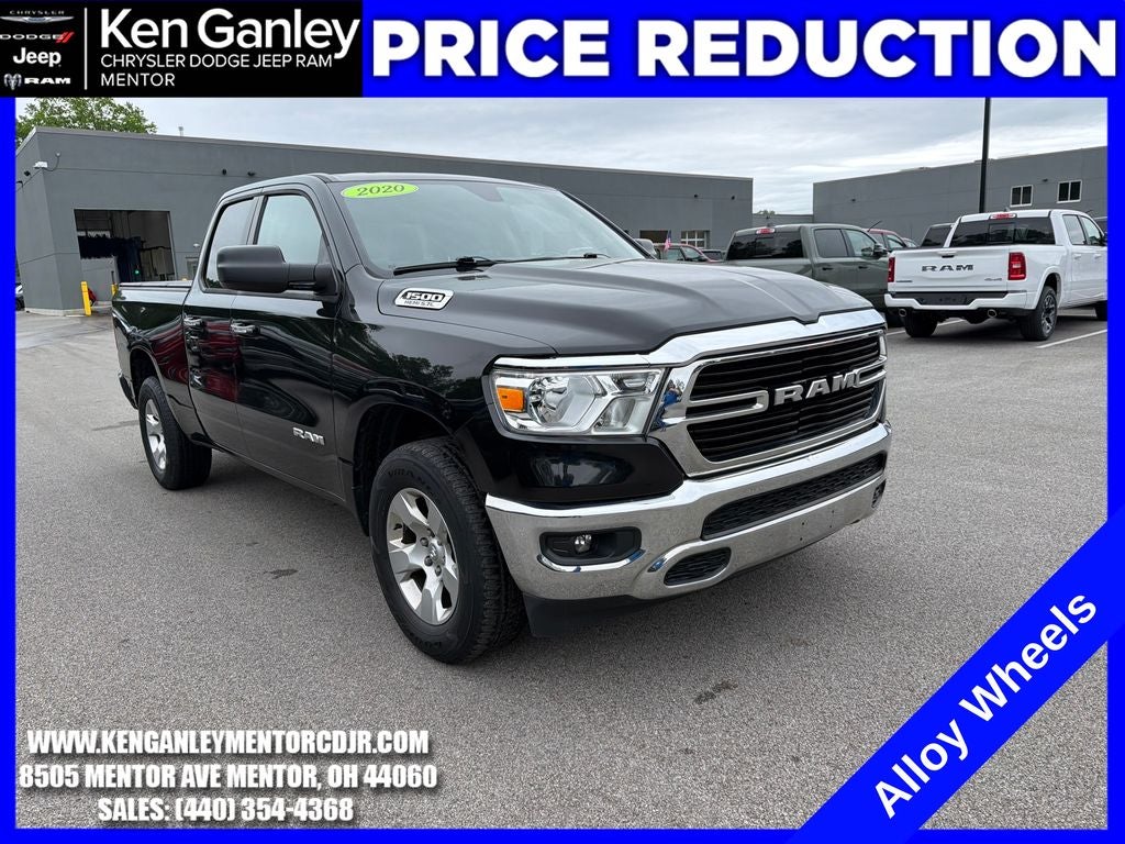2020 RAM 1500 Big Horn Quad Cab 4x4 6'4' Box in Diamond Black Crystal Pearlcoat — front three-quarter view