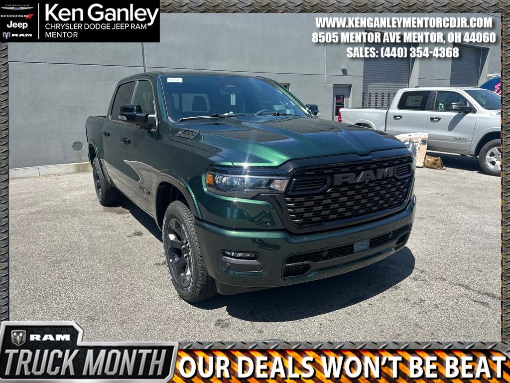 2026 RAM Ram 1500 RAM 1500 BIG HORN CREW CAB 4X4 5'7' BOX in Serrano-Green Metallic Exterior Paint — front three-quarter view