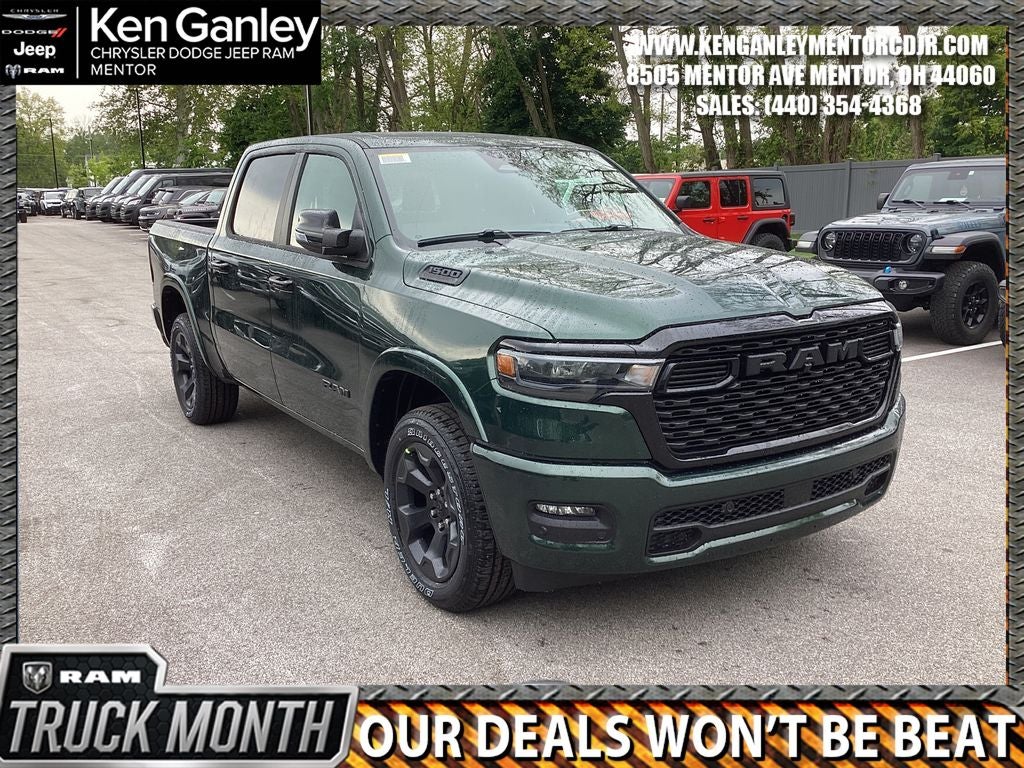 2026 RAM Ram 1500 RAM 1500 BIG HORN CREW CAB 4X4 5'7' BOX in Serrano-Green Metallic Exterior Paint — front three-quarter view