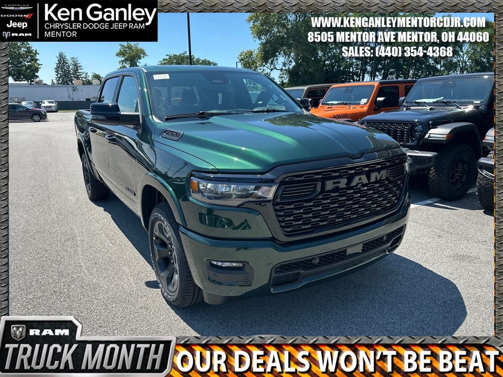 2026 RAM Ram 1500 RAM 1500 BIG HORN CREW CAB 4X4 5'7' BOX in Serrano-Green Metallic Exterior Paint — front three-quarter view
