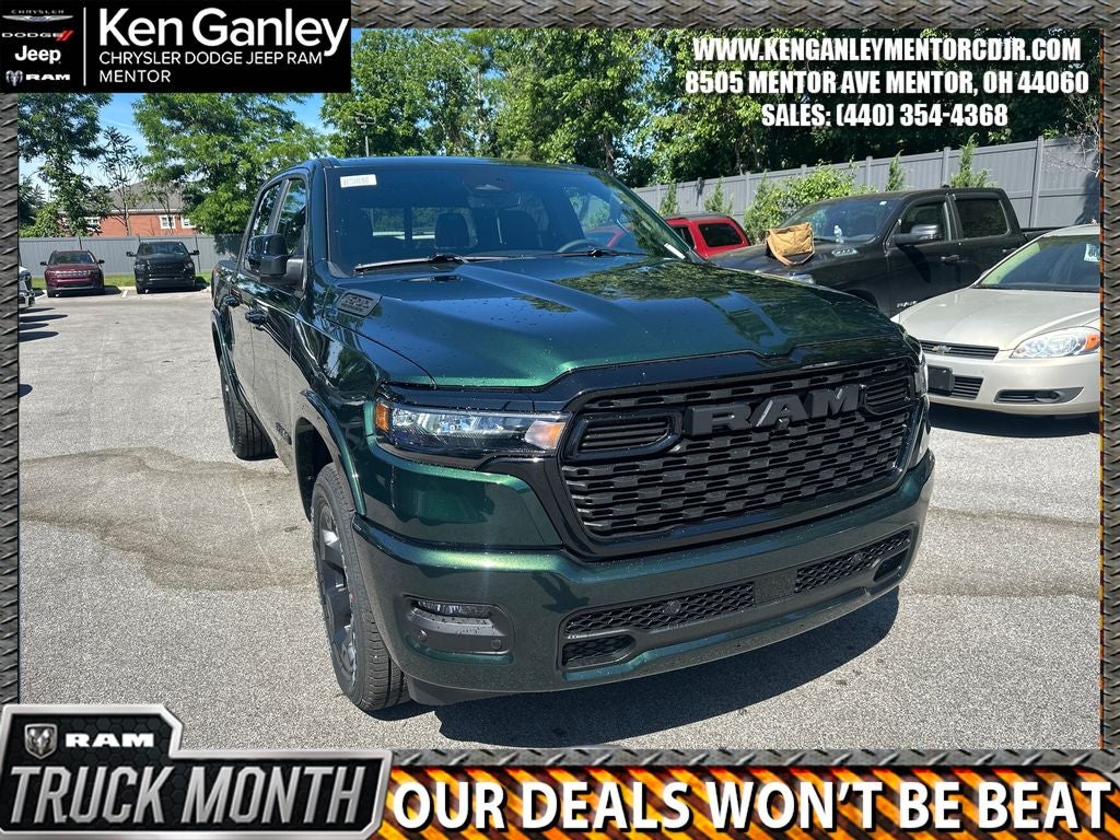2026 RAM Ram 1500 RAM 1500 BIG HORN CREW CAB 4X4 5'7' BOX in Serrano-Green Metallic Exterior Paint — front three-quarter view
