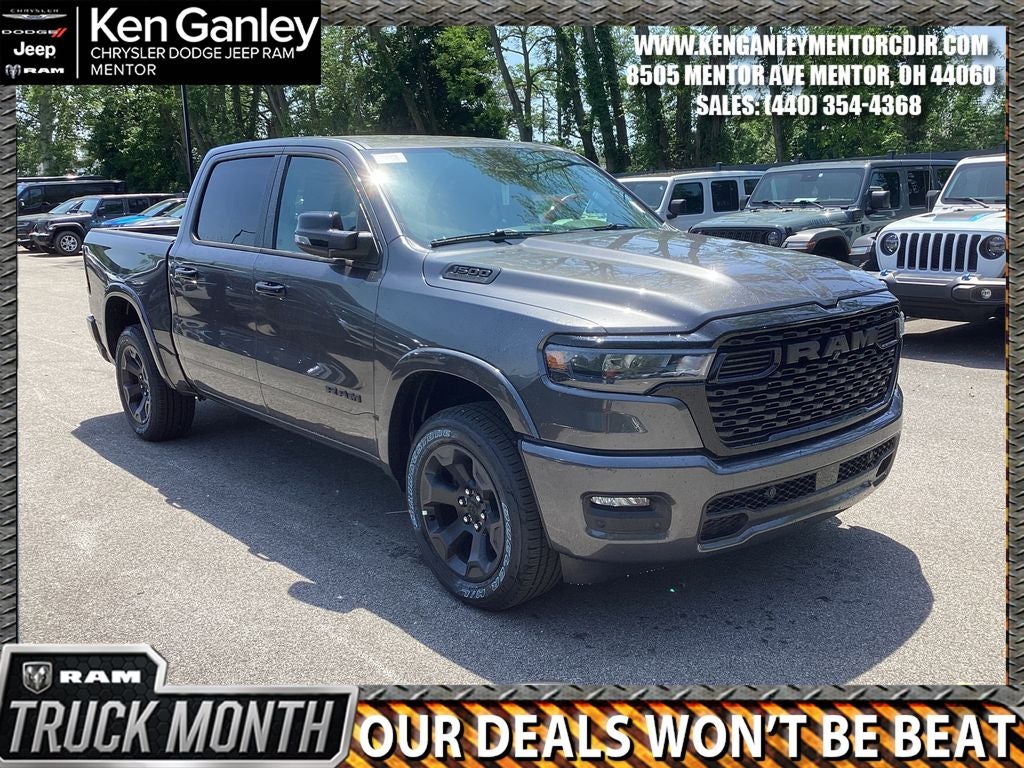 2026 RAM Ram 1500 RAM 1500 BIG HORN CREW CAB 4X4 5'7' BOX in Granite Crystal Metallic Clear-Coat Exterior Paint — front three-quarter view