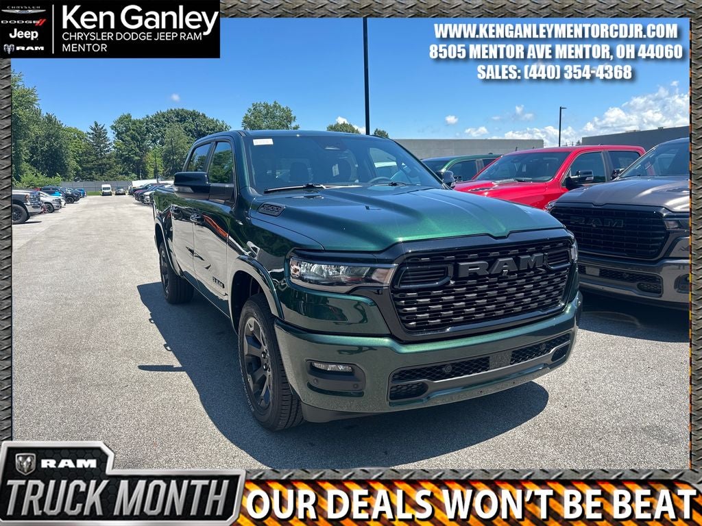 2026 RAM Ram 1500 RAM 1500 BIG HORN CREW CAB 4X4 5'7' BOX in Serrano-Green Metallic Exterior Paint — front three-quarter view
