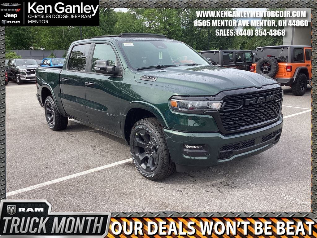 2026 RAM Ram 1500 RAM 1500 BIG HORN CREW CAB 4X4 5'7' BOX in Serrano-Green Metallic Exterior Paint — front three-quarter view