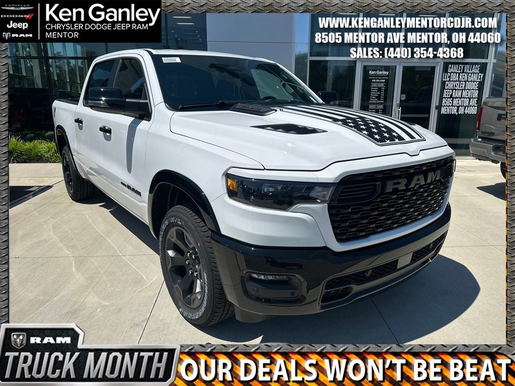 2026 RAM Ram 1500 RAM 1500 BIG HORN CREW CAB 4X4 5'7' BOX in Bright White Clear-Coat Exterior Paint — front three-quarter view
