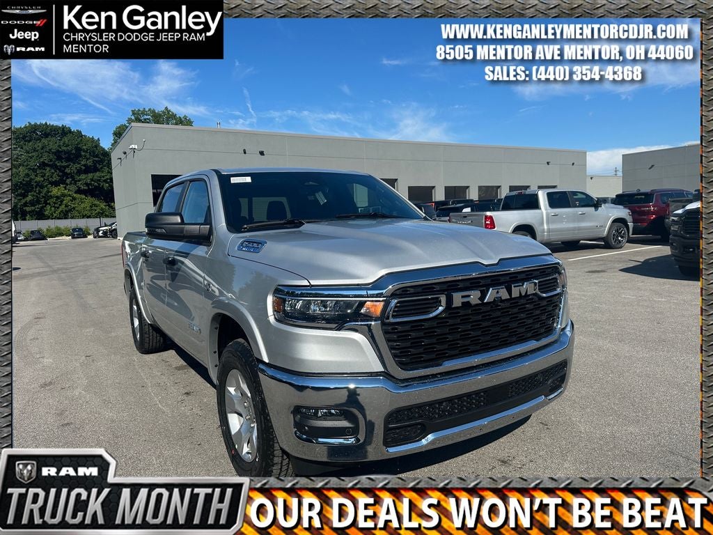 2026 RAM Ram 1500 RAM 1500 BIG HORN CREW CAB 4X4 5'7' BOX in Silver Zynith Exterior Paint — front three-quarter view