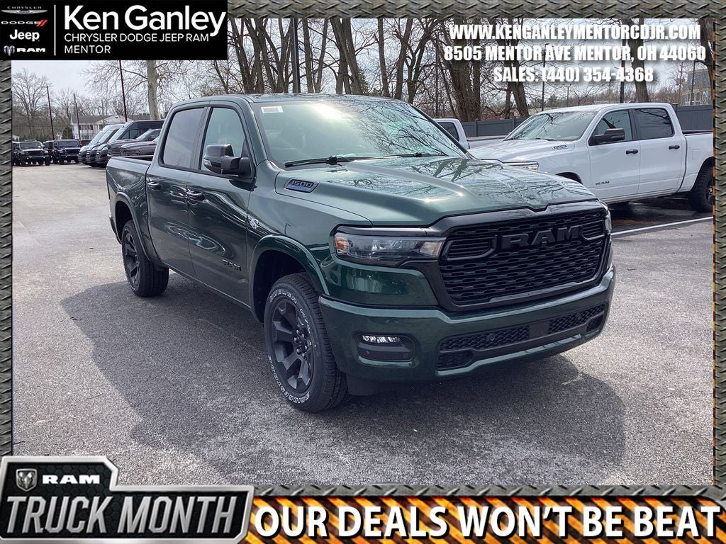 2026 RAM Ram 1500 RAM 1500 BIG HORN CREW CAB 4X4 5'7' BOX in Serrano-Green Metallic Exterior Paint — front three-quarter view