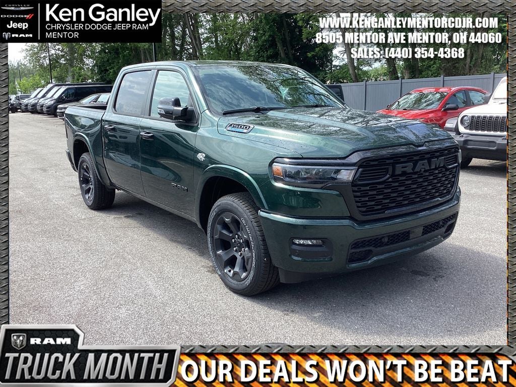 2026 RAM Ram 1500 RAM 1500 BIG HORN CREW CAB 4X4 5'7' BOX in Serrano-Green Metallic Exterior Paint — front three-quarter view