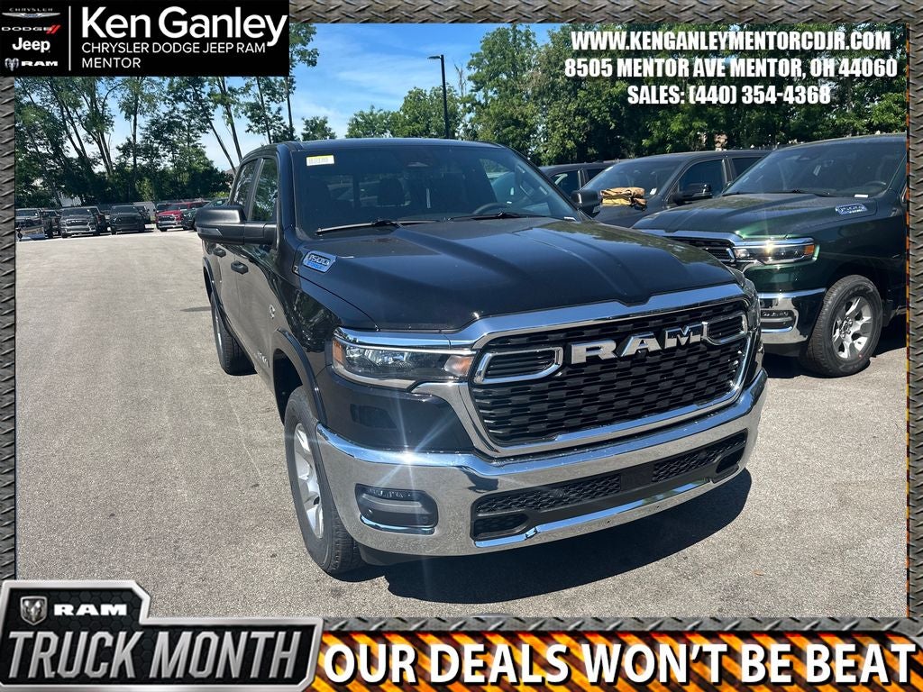 2026 RAM Ram 1500 RAM 1500 BIG HORN CREW CAB 4X4 5'7' BOX in Diamond Black Crystal Pearl-Coat Exterior Paint — front three-quarter view