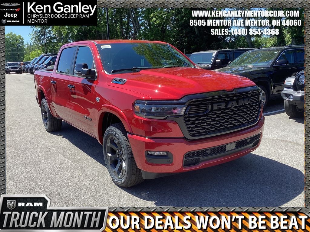 2026 RAM Ram 1500 RAM 1500 BIG HORN CREW CAB 4X4 5'7' BOX in Molten Red Pearl-Coat Exterior Paint — front three-quarter view