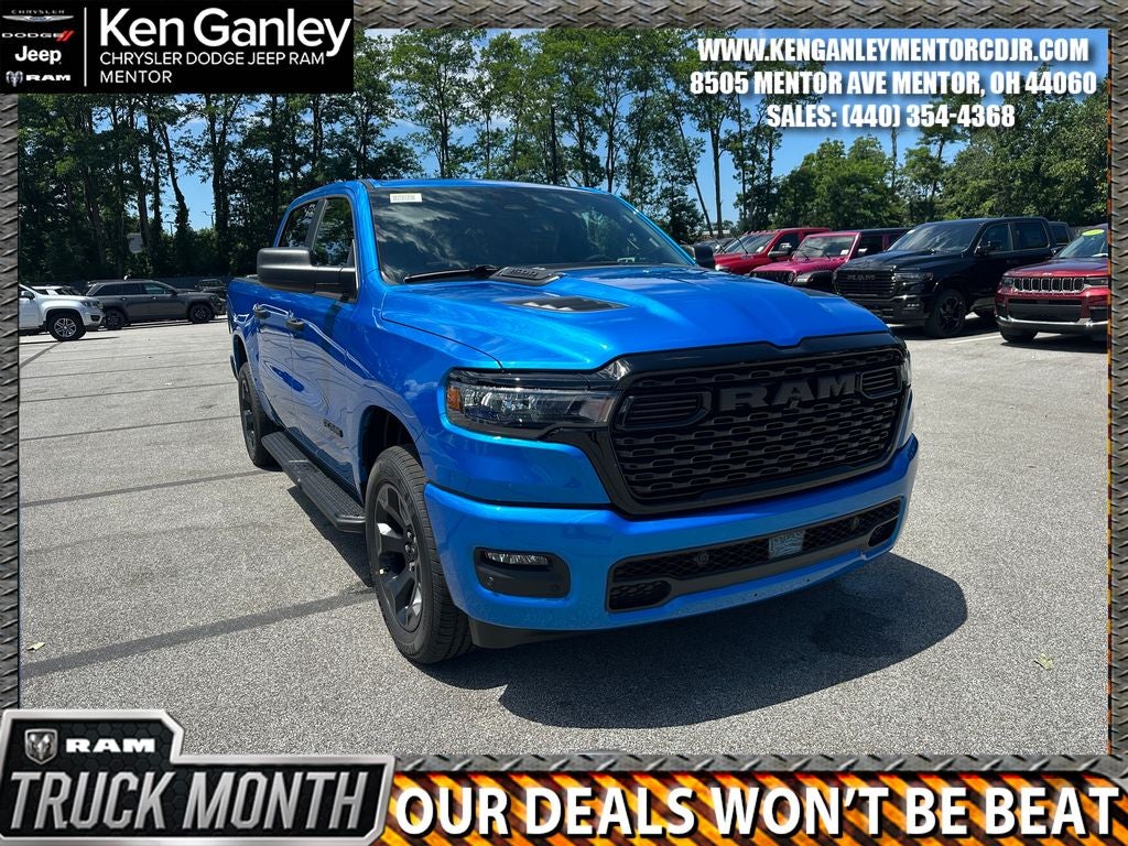 2026 RAM Ram 1500 RAM 1500 EXPRESS CREW CAB 4X4 5'7' BOX in Hydro Blue Pearl-Coat Exterior Paint — front three-quarter view