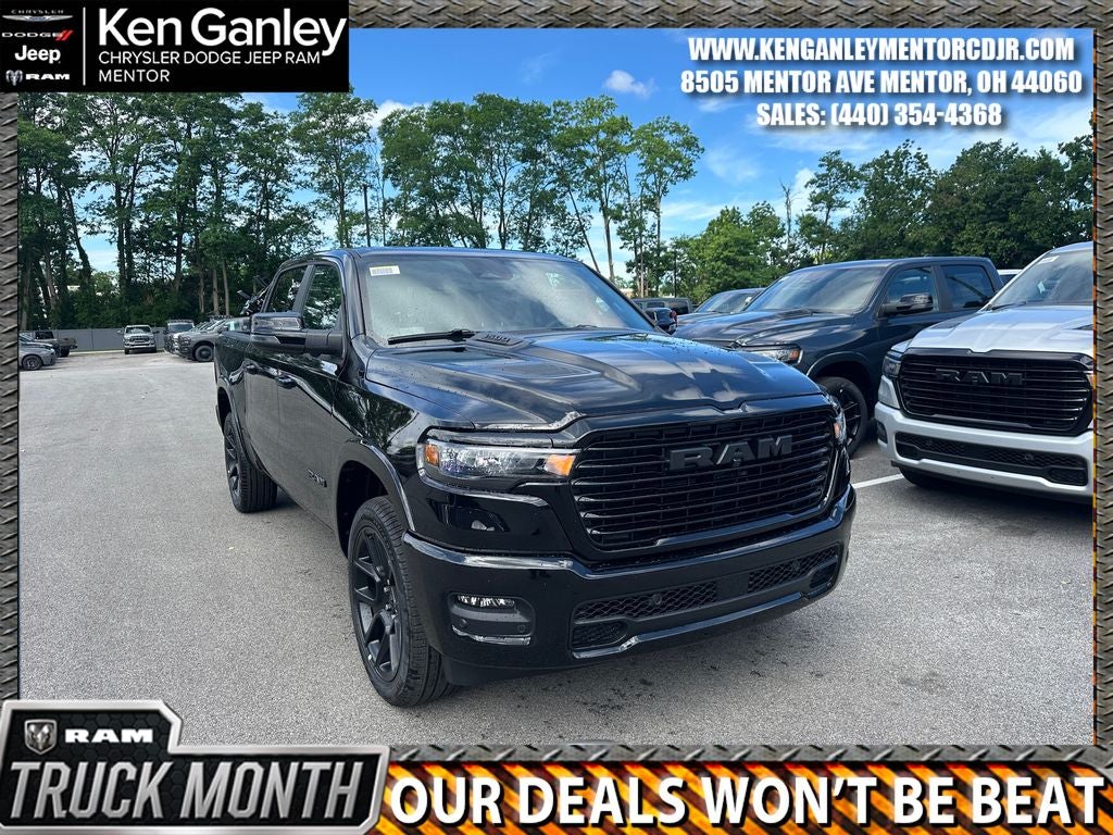 2026 RAM Ram 1500 RAM 1500 LARAMIE CREW CAB 4X4 5'7' BOX in Diamond Black Crystal Pearl-Coat Exterior Paint — front three-quarter view