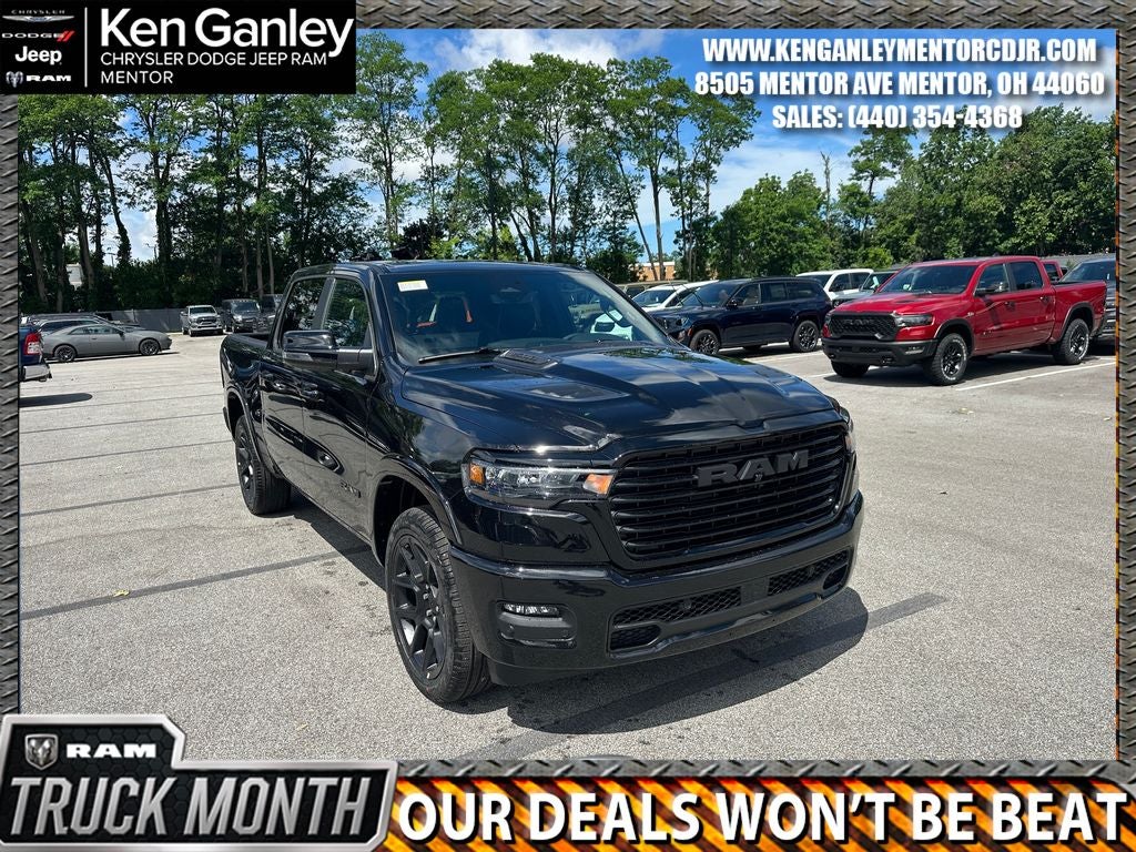 2026 RAM Ram 1500 RAM 1500 LARAMIE CREW CAB 4X4 5'7' BOX in Diamond Black Crystal Pearl-Coat Exterior Paint — front three-quarter view