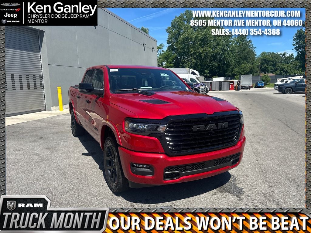 2026 RAM Ram 1500 RAM 1500 LARAMIE CREW CAB 4X4 5'7' BOX in Molten Red Pearl-Coat Exterior Paint — front three-quarter view