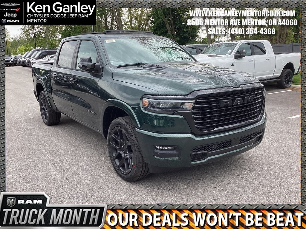 2026 RAM Ram 1500 RAM 1500 LARAMIE CREW CAB 4X4 5'7' BOX in Serrano-Green Metallic Exterior Paint — front three-quarter view