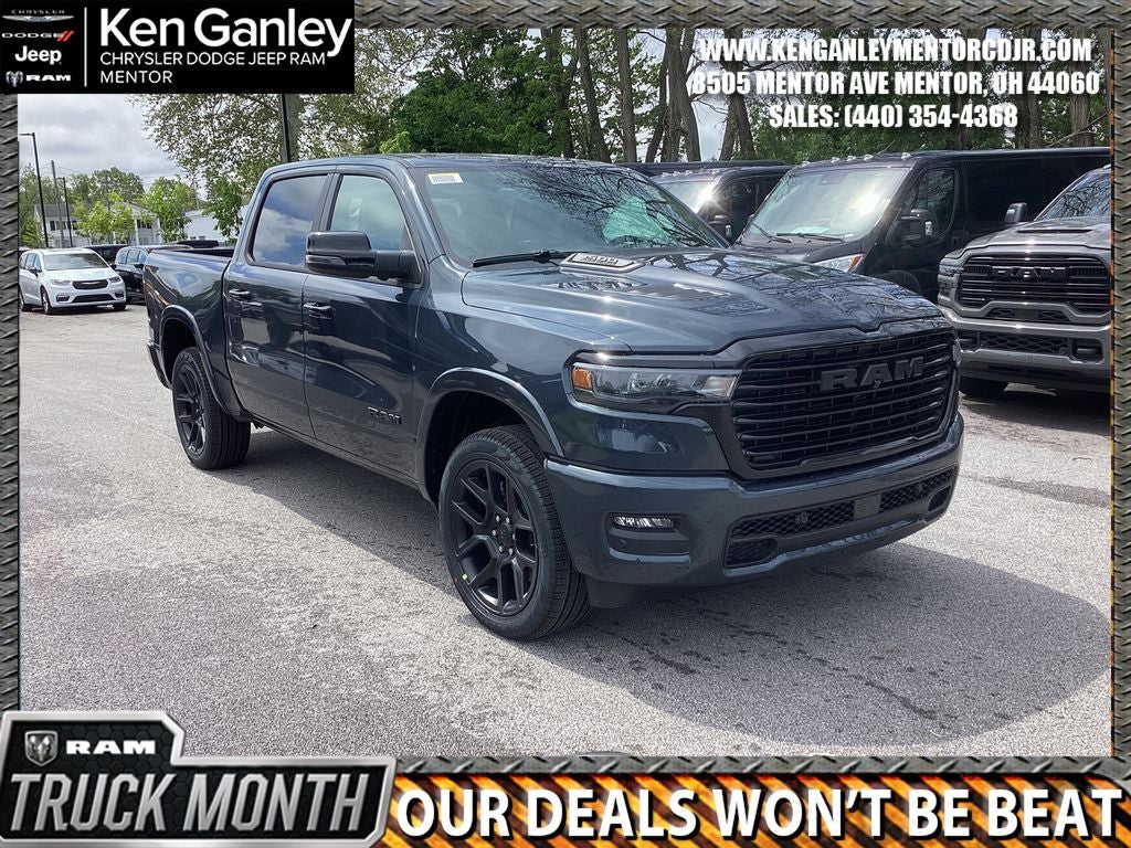 2026 RAM Ram 1500 RAM 1500 LARAMIE CREW CAB 4X4 5'7' BOX in Forged Blue Metallic Exterior Paint — front three-quarter view