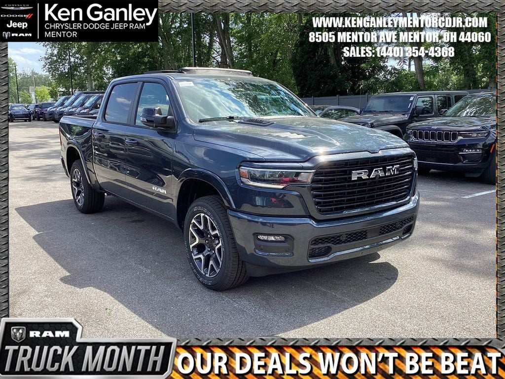 2026 RAM Ram 1500 RAM 1500 LARAMIE CREW CAB 4X4 5'7' BOX in Forged Blue Metallic Exterior Paint — front three-quarter view