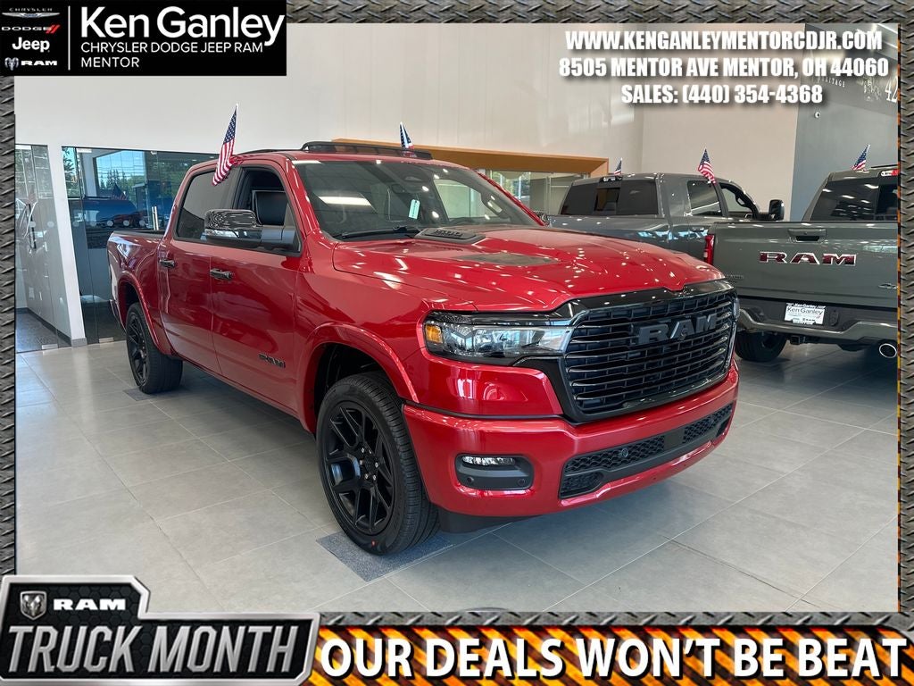 2026 RAM Ram 1500 RAM 1500 LARAMIE CREW CAB 4X4 5'7' BOX in Molten Red Pearl-Coat Exterior Paint — front three-quarter view