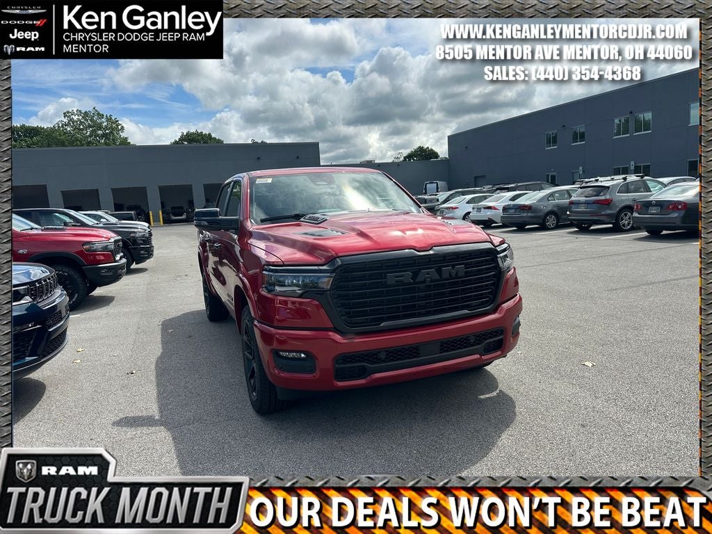2026 RAM Ram 1500 RAM 1500 LARAMIE CREW CAB 4X4 5'7' BOX in Molten Red Pearl-Coat Exterior Paint — front three-quarter view