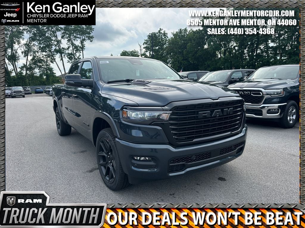 2026 RAM Ram 1500 RAM 1500 LARAMIE CREW CAB 4X4 5'7' BOX in Forged Blue Metallic Exterior Paint — front three-quarter view