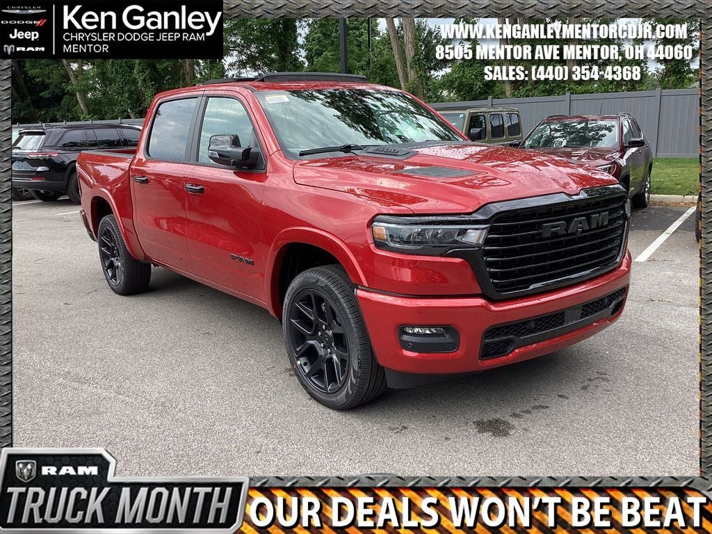2026 RAM Ram 1500 RAM 1500 LARAMIE CREW CAB 4X4 5'7' BOX in Molten Red Pearl-Coat Exterior Paint — front three-quarter view
