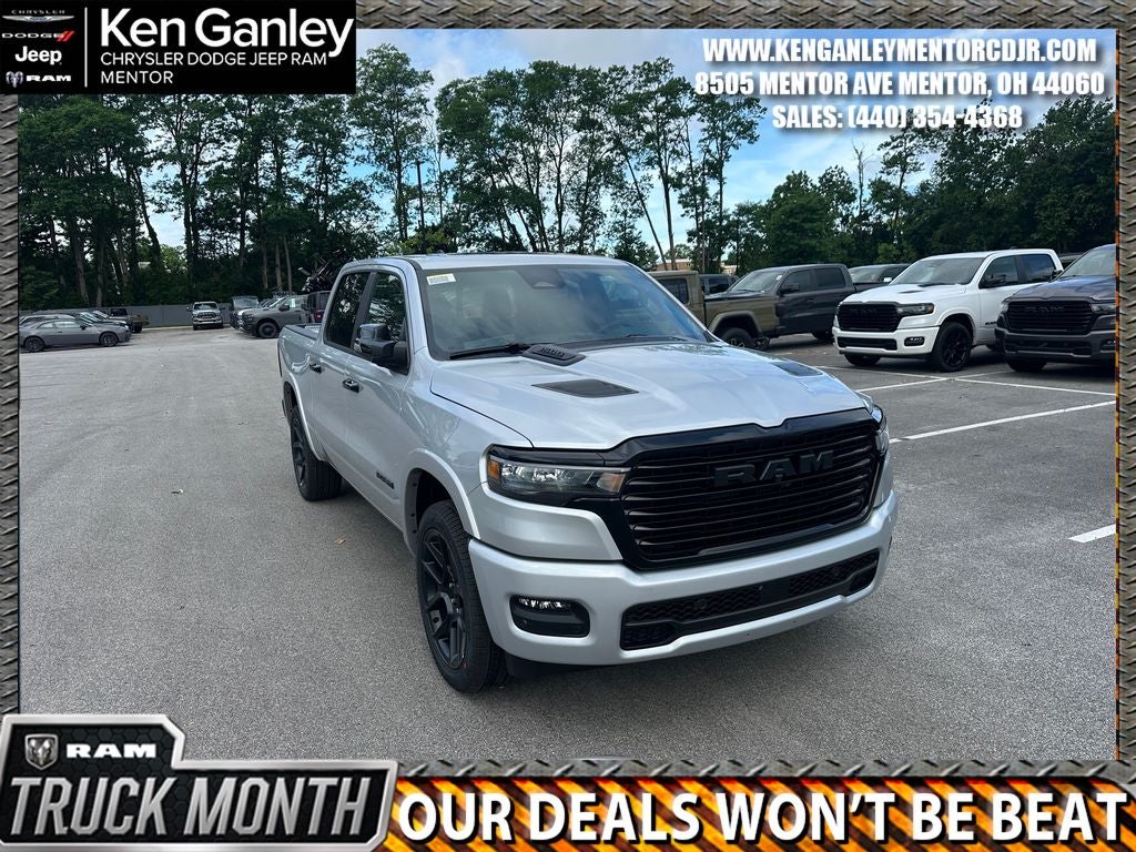 2026 RAM Ram 1500 RAM 1500 LARAMIE CREW CAB 4X4 5'7' BOX in Silver Zynith Exterior Paint — front three-quarter view