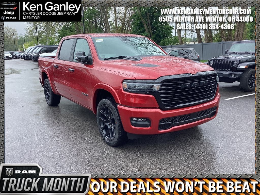 2026 RAM Ram 1500 RAM 1500 LARAMIE CREW CAB 4X4 5'7' BOX in Molten Red Pearl-Coat Exterior Paint — front three-quarter view