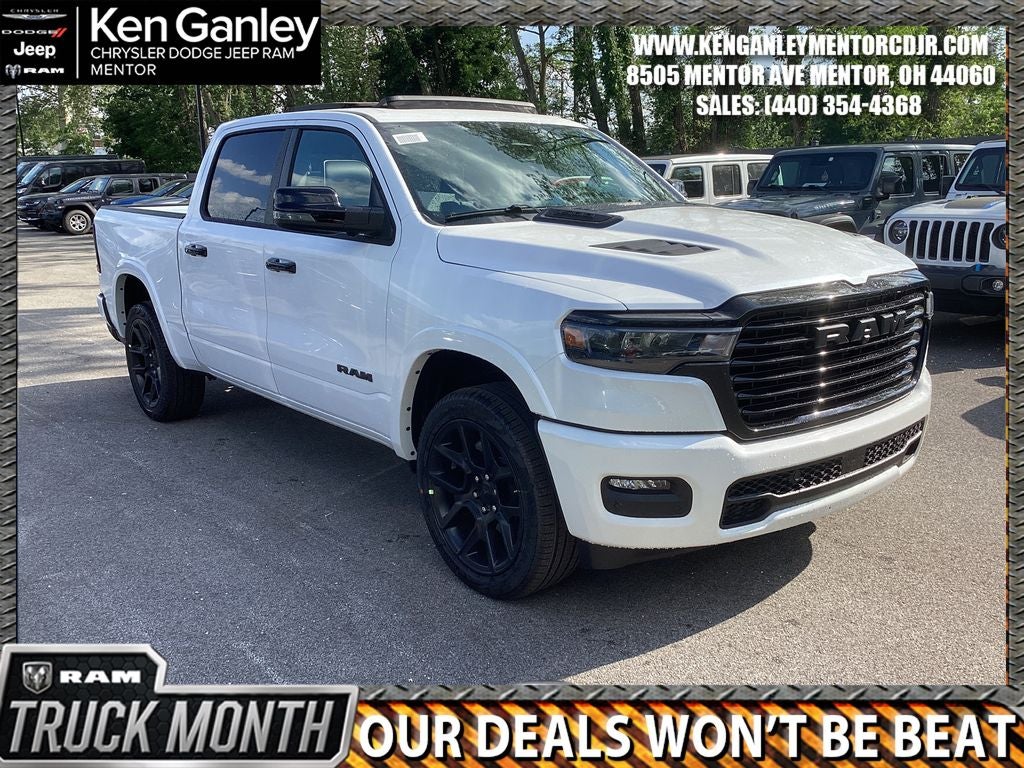 2026 RAM Ram 1500 RAM 1500 LARAMIE CREW CAB 4X4 5'7' BOX in Ivory White Tri-Coat Pearl-Coat Exterior Paint — front three-quarter view