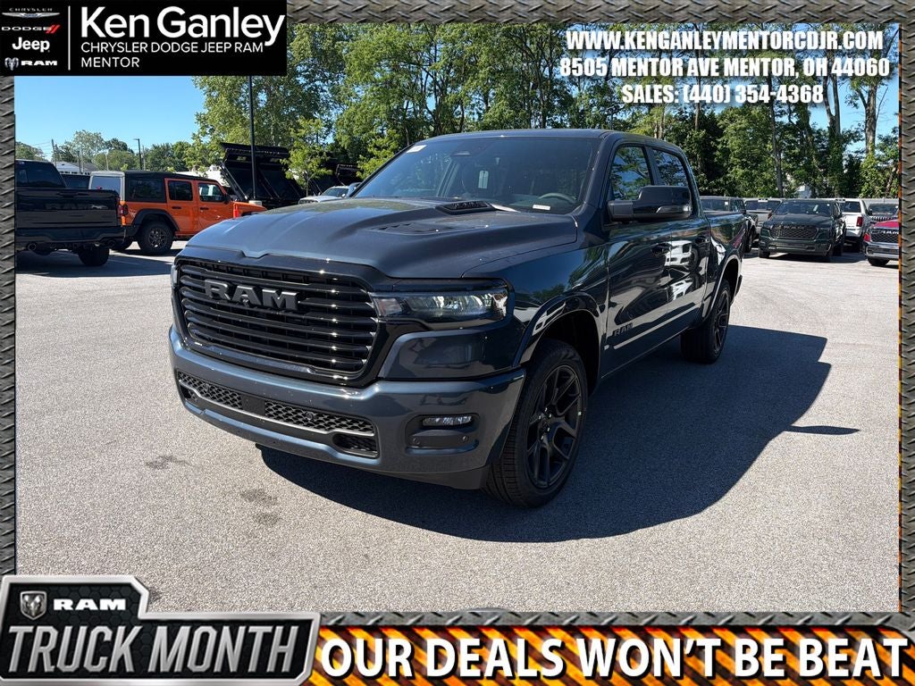 2026 RAM Ram 1500 RAM 1500 LARAMIE CREW CAB 4X4 5'7' BOX in Forged Blue Metallic Exterior Paint — front three-quarter view