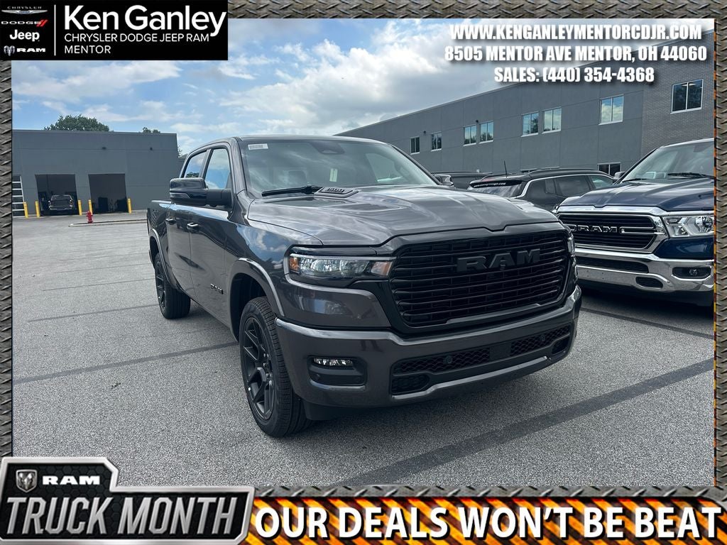 2026 RAM Ram 1500 RAM 1500 LARAMIE CREW CAB 4X4 5'7' BOX in Granite Crystal Metallic Clear-Coat Exterior Paint — front three-quarter view