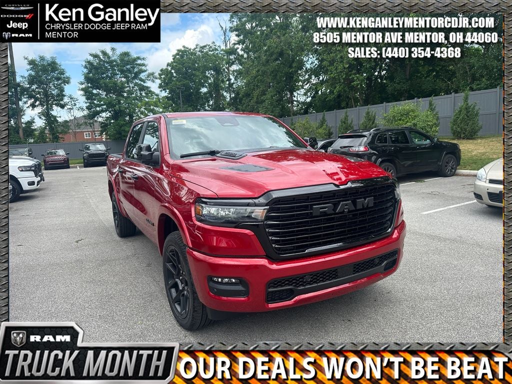 2026 RAM Ram 1500 RAM 1500 LARAMIE CREW CAB 4X4 5'7' BOX in Molten Red Pearl-Coat Exterior Paint — front three-quarter view