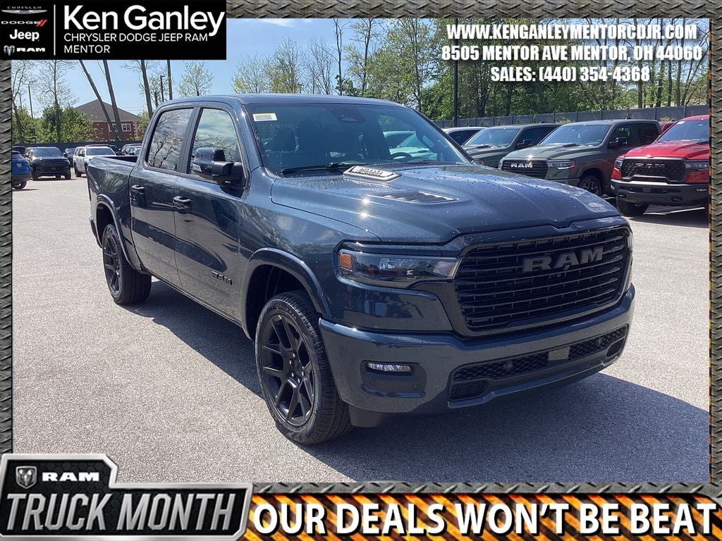 2026 RAM Ram 1500 RAM 1500 LARAMIE CREW CAB 4X4 5'7' BOX in Forged Blue Metallic Exterior Paint — front three-quarter view