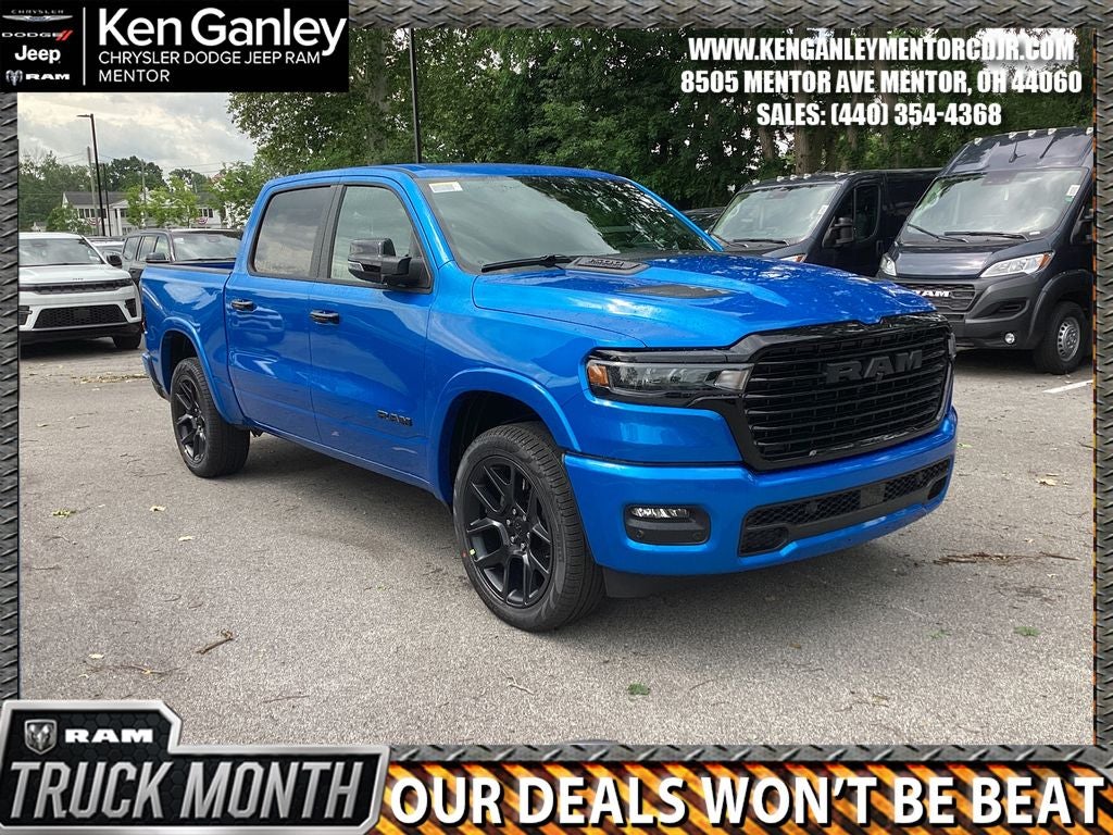 2026 RAM Ram 1500 RAM 1500 LARAMIE CREW CAB 4X4 5'7' BOX in Hydro Blue Pearl-Coat Exterior Paint — front three-quarter view