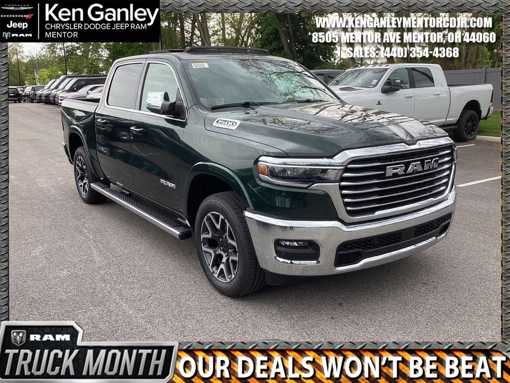 2026 RAM Ram 1500 RAM 1500 LARAMIE CREW CAB 4X4 5'7' BOX in Serrano-Green Metallic Exterior Paint — front three-quarter view