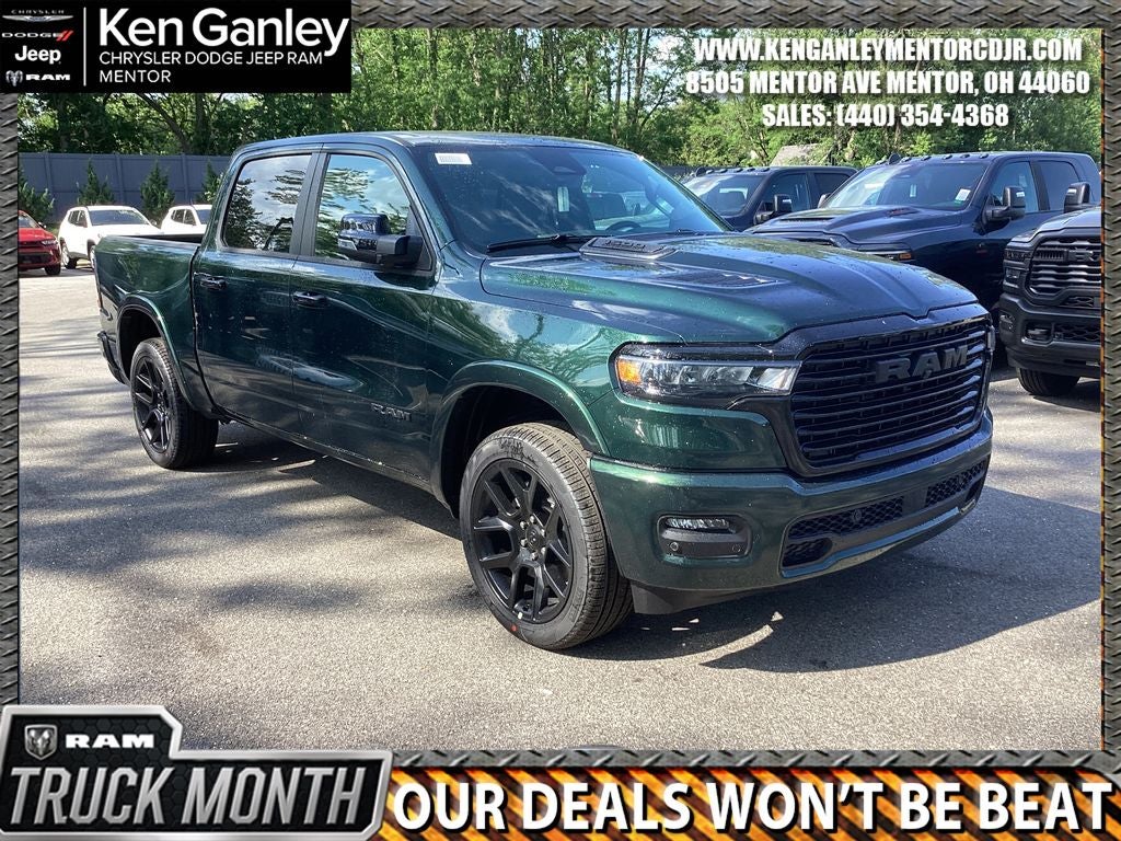 2026 RAM Ram 1500 RAM 1500 LARAMIE CREW CAB 4X4 5'7' BOX in Serrano-Green Metallic Exterior Paint — front three-quarter view