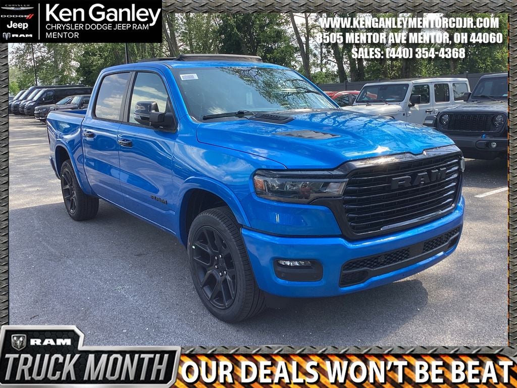 2026 RAM Ram 1500 RAM 1500 LARAMIE CREW CAB 4X4 5'7' BOX in Hydro Blue Pearl-Coat Exterior Paint — front three-quarter view