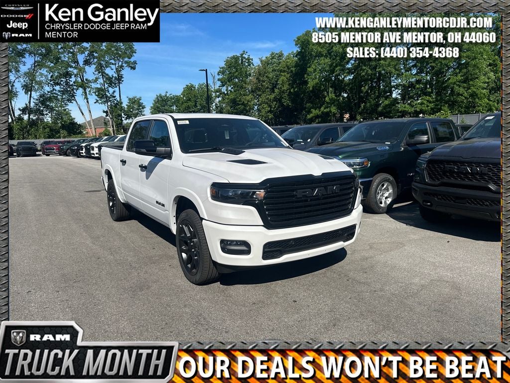 2026 RAM Ram 1500 RAM 1500 LARAMIE CREW CAB 4X4 5'7' BOX in Ivory White Tri-Coat Pearl-Coat Exterior Paint — front three-quarter view