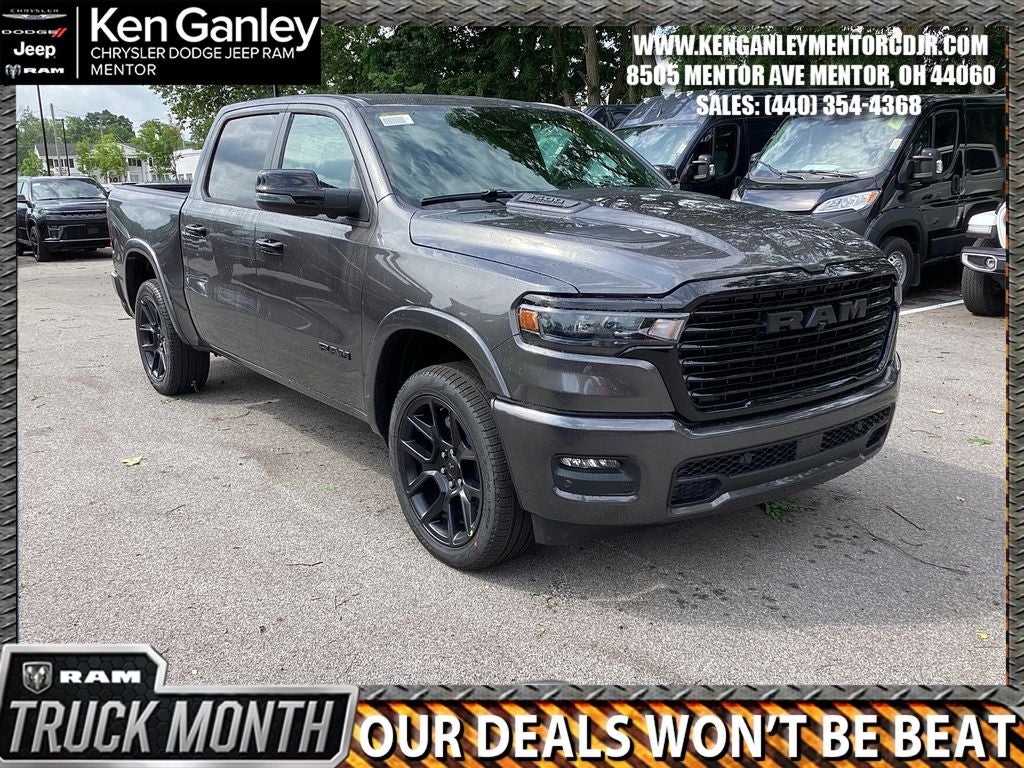 2026 RAM Ram 1500 RAM 1500 LARAMIE CREW CAB 4X4 5'7' BOX in Granite Crystal Metallic Clear-Coat Exterior Paint — front three-quarter view