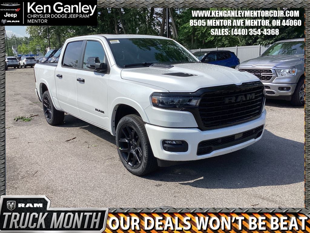 2026 RAM Ram 1500 RAM 1500 LARAMIE CREW CAB 4X4 5'7' BOX in Ivory White Tri-Coat Pearl-Coat Exterior Paint — front three-quarter view