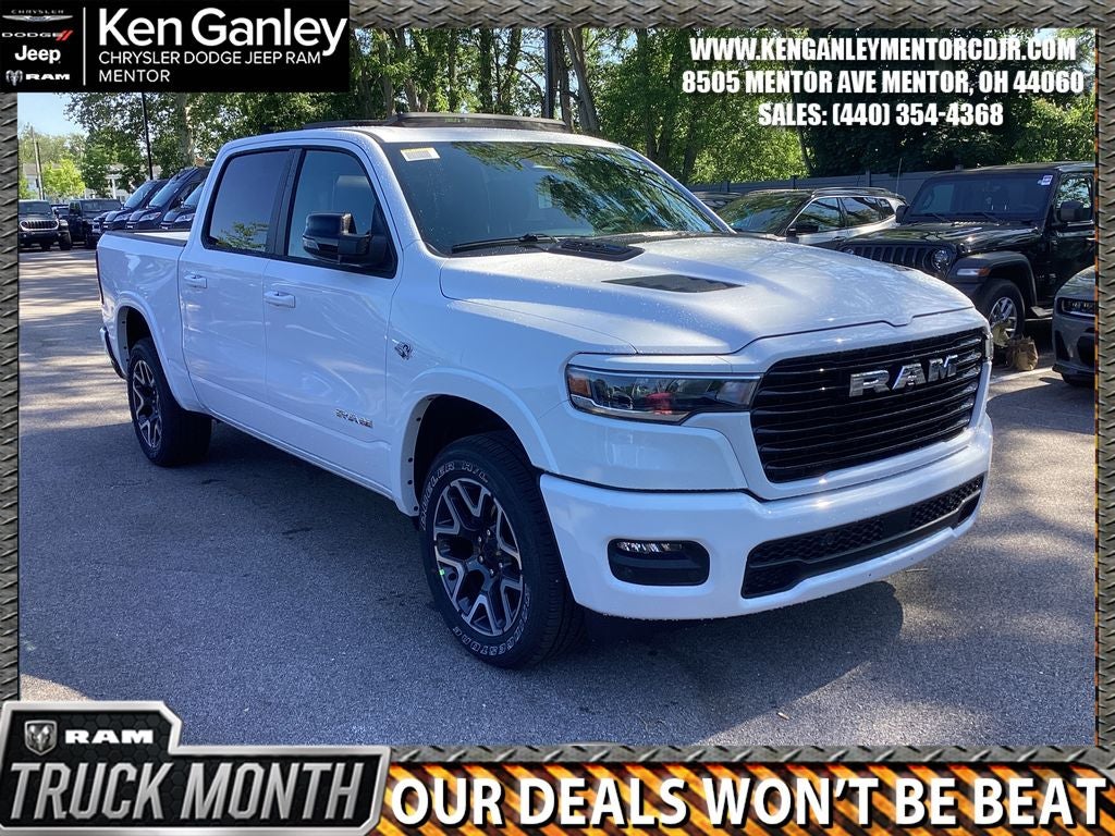2026 RAM Ram 1500 RAM 1500 LARAMIE CREW CAB 4X4 5'7' BOX in Bright White Clear-Coat Exterior Paint — front three-quarter view