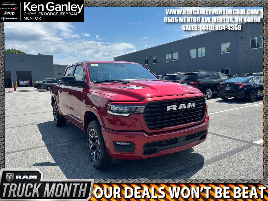 2026 RAM Ram 1500 RAM 1500 LARAMIE CREW CAB 4X4 5'7' BOX in Molten Red Pearl-Coat Exterior Paint — front three-quarter view