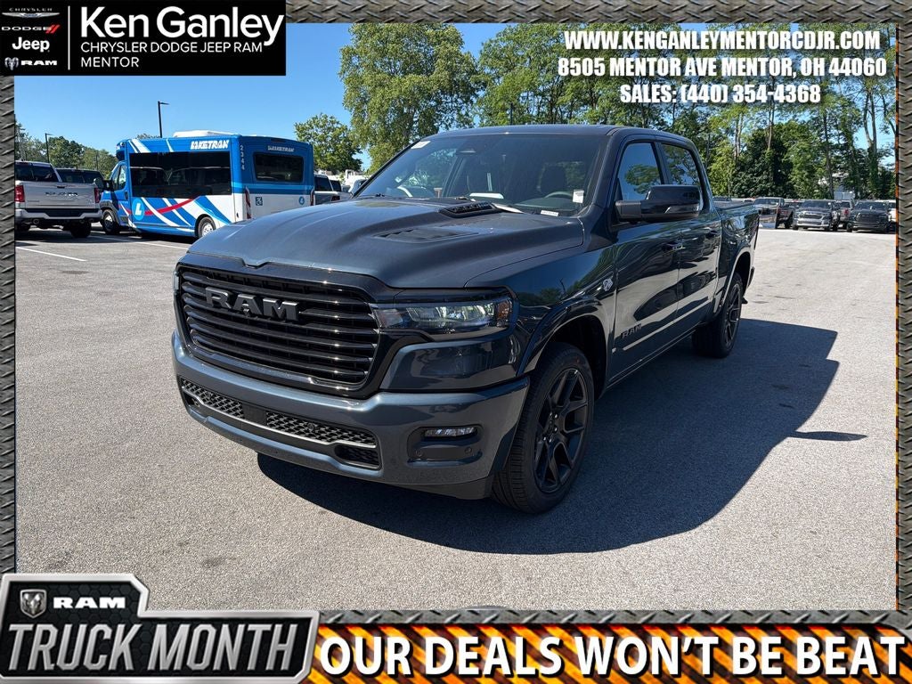 2026 RAM Ram 1500 RAM 1500 LARAMIE CREW CAB 4X4 5'7' BOX in Forged Blue Metallic Exterior Paint — front three-quarter view