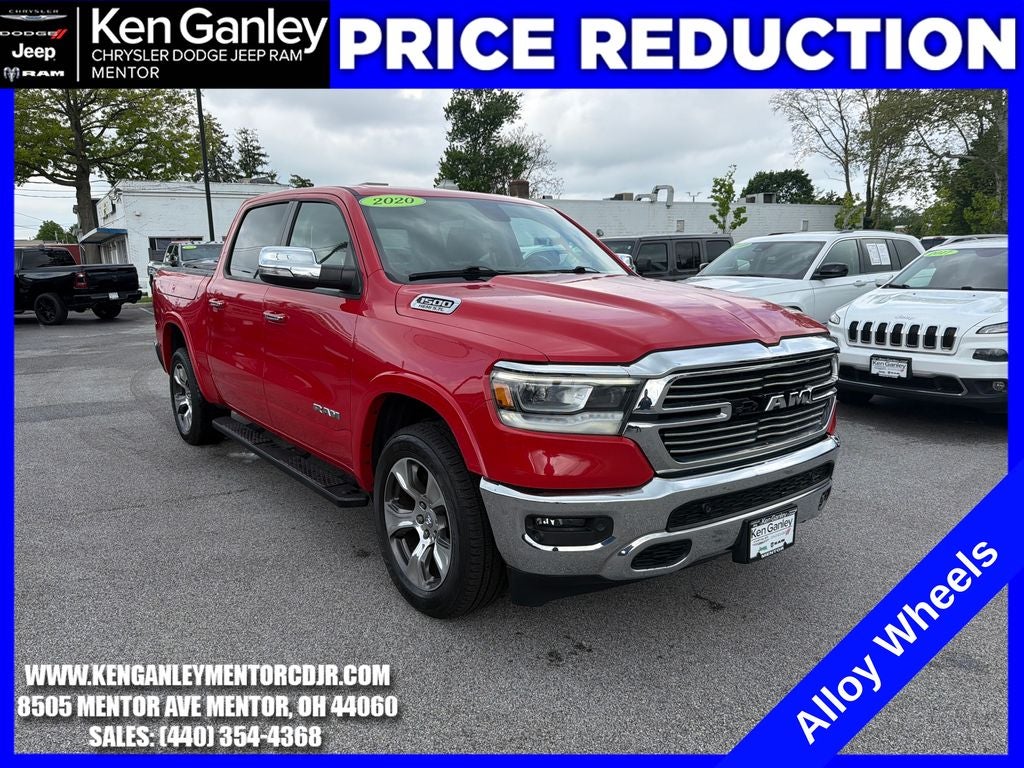 2020 RAM 1500 Laramie Crew Cab 4x4 5'7' Box in Flame Red Clearcoat — front three-quarter view