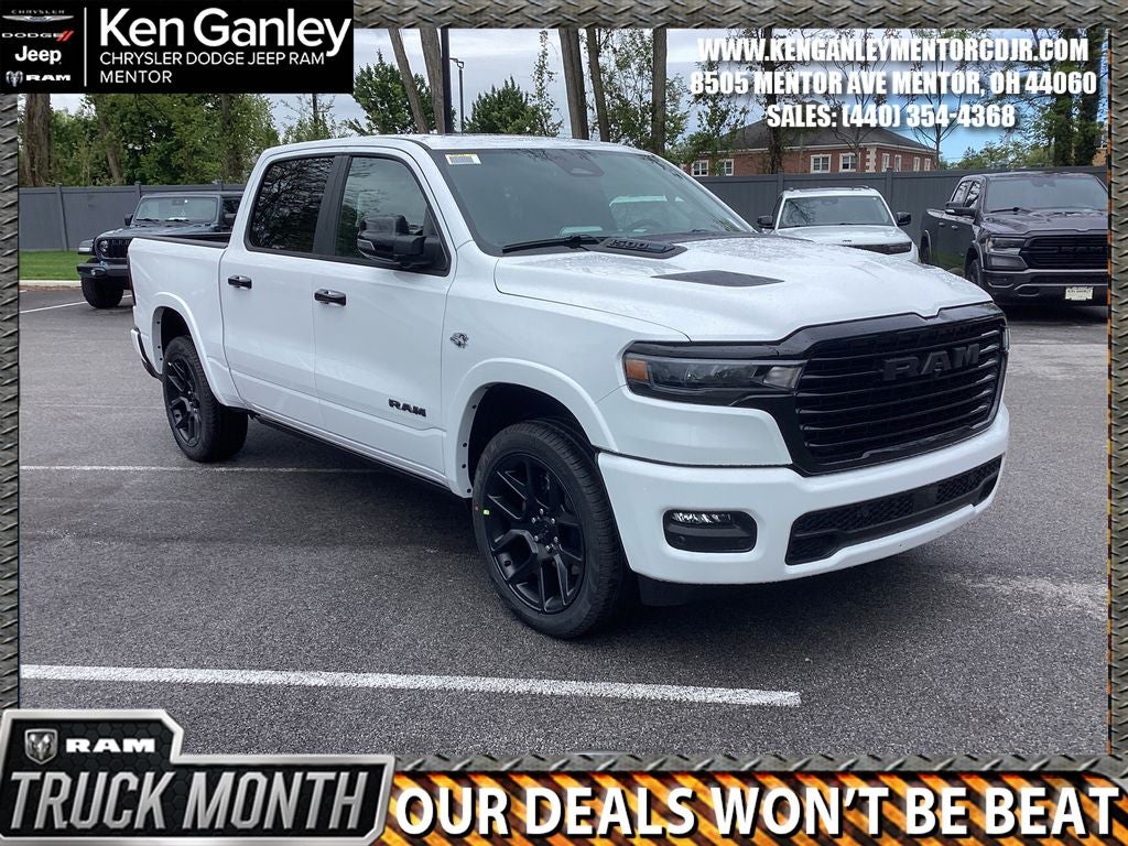 2026 RAM Ram 1500 RAM 1500 LARAMIE CREW CAB 4X4 5'7' BOX in Bright White Clear-Coat Exterior Paint — front three-quarter view
