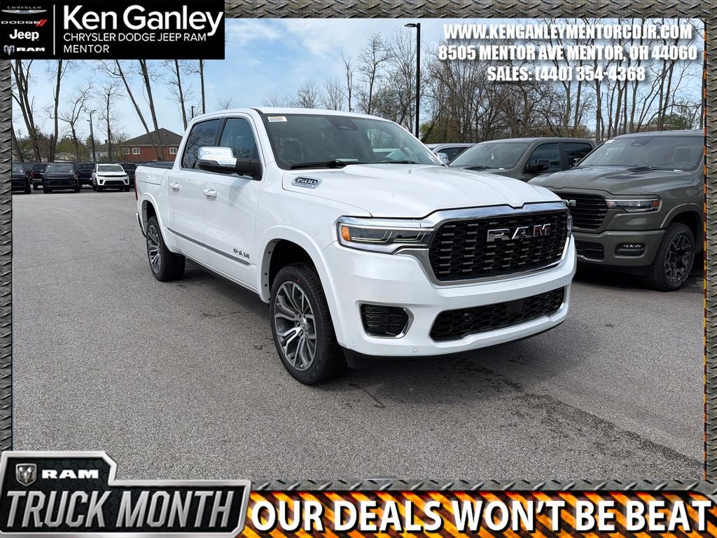 2026 RAM Ram 1500 RAM 1500 TUNGSTEN CREW CAB 4X4 in Ivory White Tri-Coat Pearl-Coat Exterior Paint — front three-quarter view