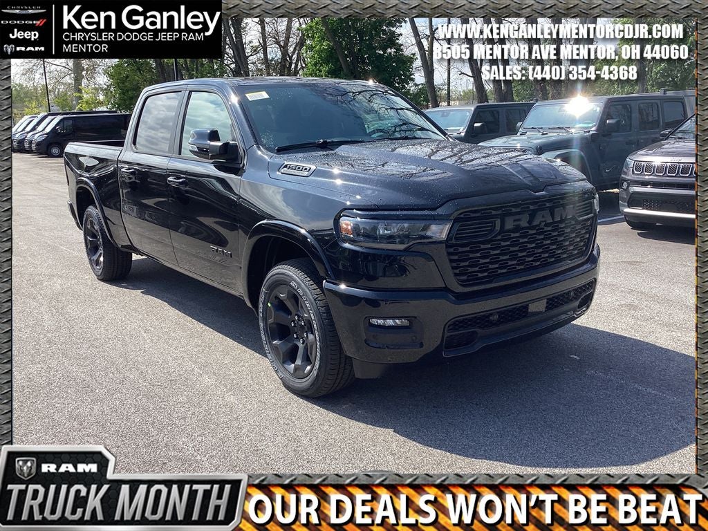 2026 RAM Ram 1500 RAM 1500 BIG HORN CREW CAB 4X4 6'4' BOX in Diamond Black Crystal Pearl-Coat Exterior Paint — front three-quarter view