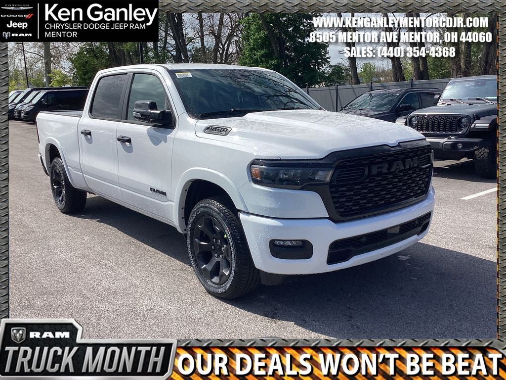 2026 RAM Ram 1500 RAM 1500 BIG HORN CREW CAB 4X4 6'4' BOX in Bright White Clear-Coat Exterior Paint — front three-quarter view
