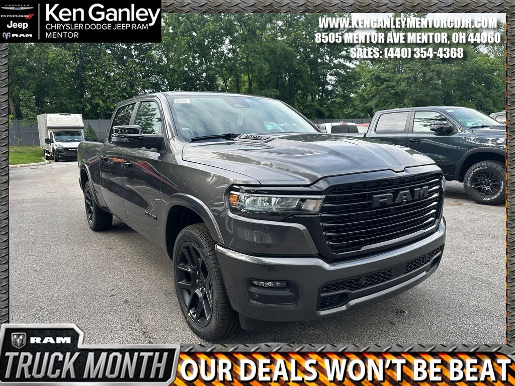 2026 RAM Ram 1500 RAM 1500 LARAMIE CREW CAB 4X4 6'4' BOX in Granite Crystal Metallic Clear-Coat Exterior Paint — front three-quarter view