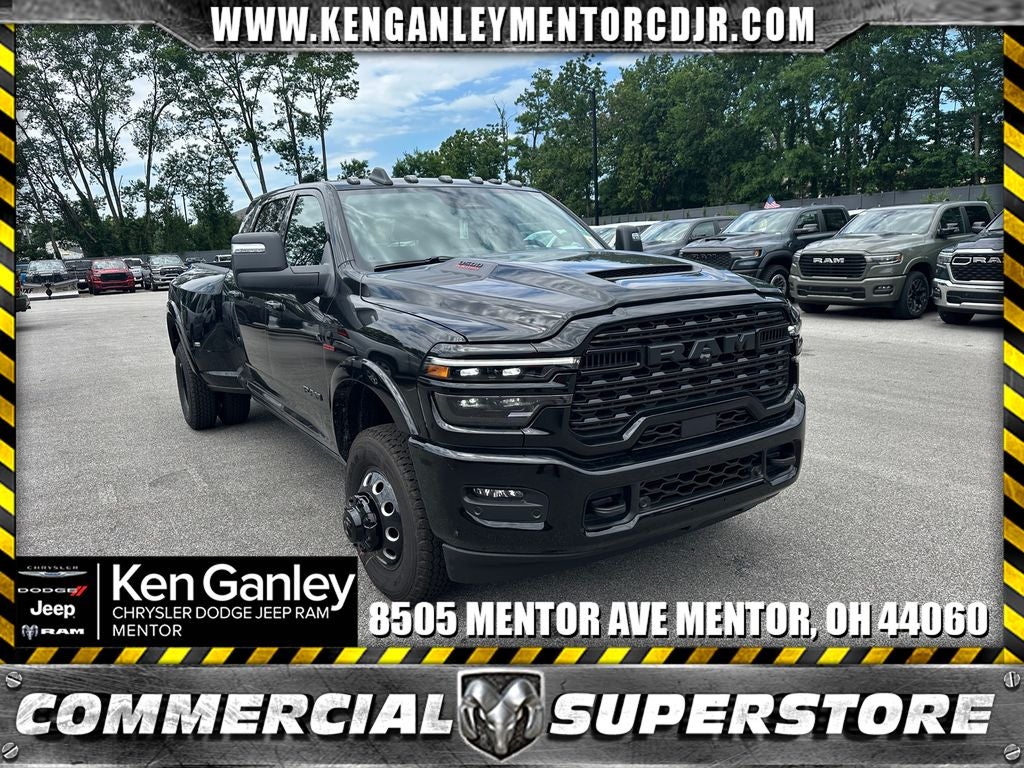 2026 RAM Ram 3500 RAM 3500 LIMITED MEGA CAB 4X4 6'4' BOX in Diamond Black Crystal Pearl-Coat Exterior Paint — front three-quarter view